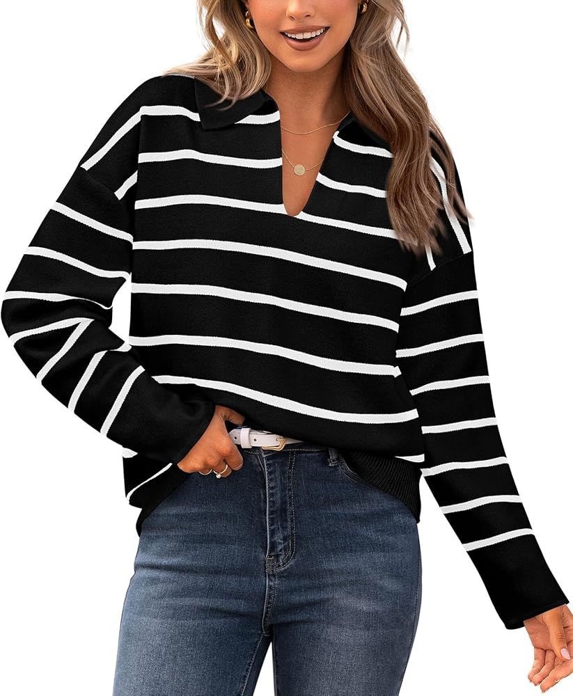 CFLONGE Women's Casual Striped Pullover Sweater Long Sleeve Polo V Neck Lightweight Loose Fit Dro... | Amazon (US)