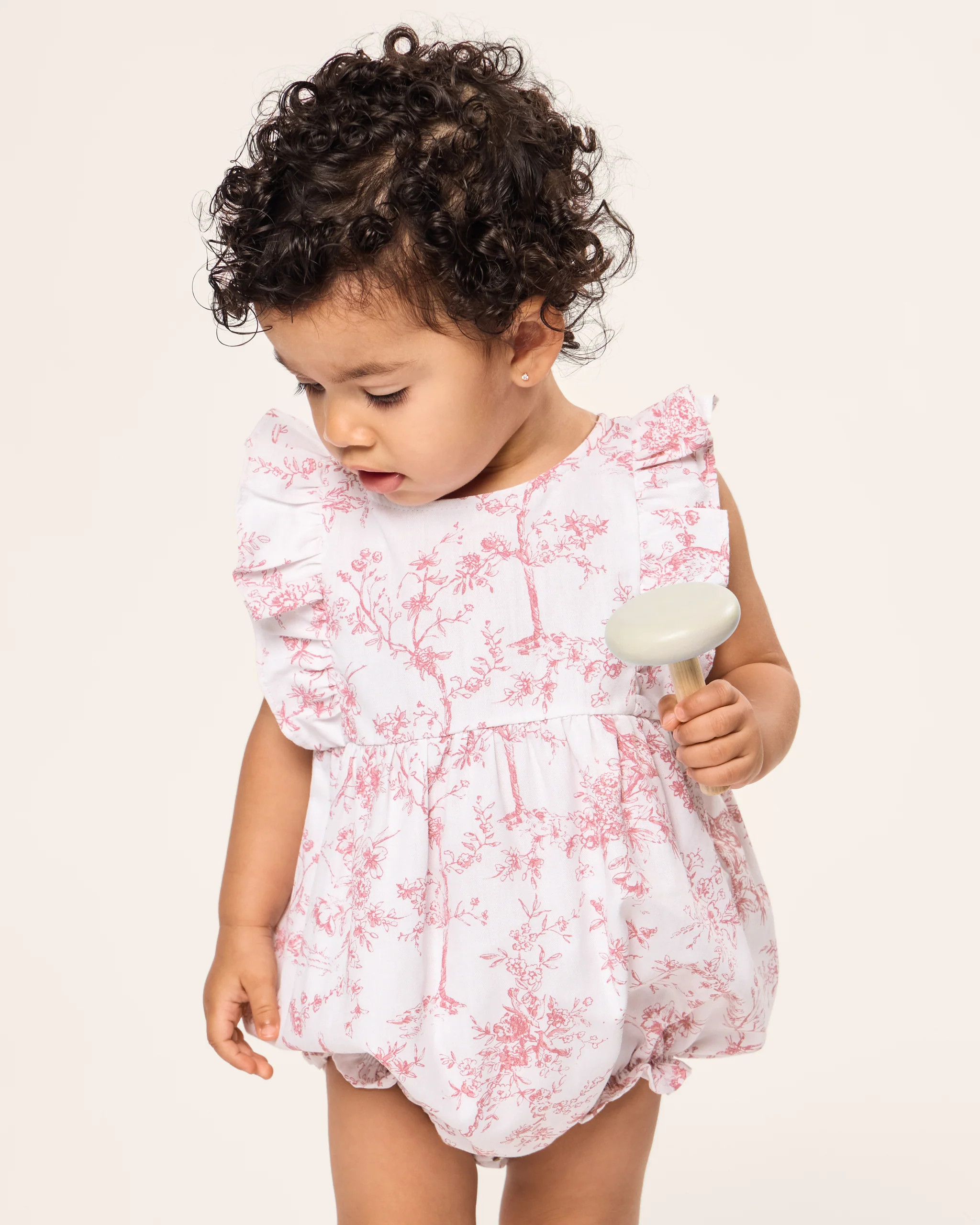Baby's Twill Ruffled Romper in Pink Timeless Toile | Petite Plume