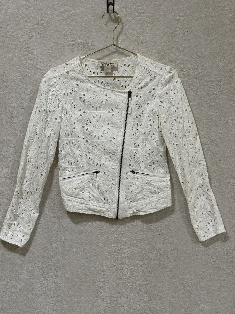 Lucky Brand Women's White Eyelet Moto Jacket, Small Asymmetrical Zip Pockets | eBay US