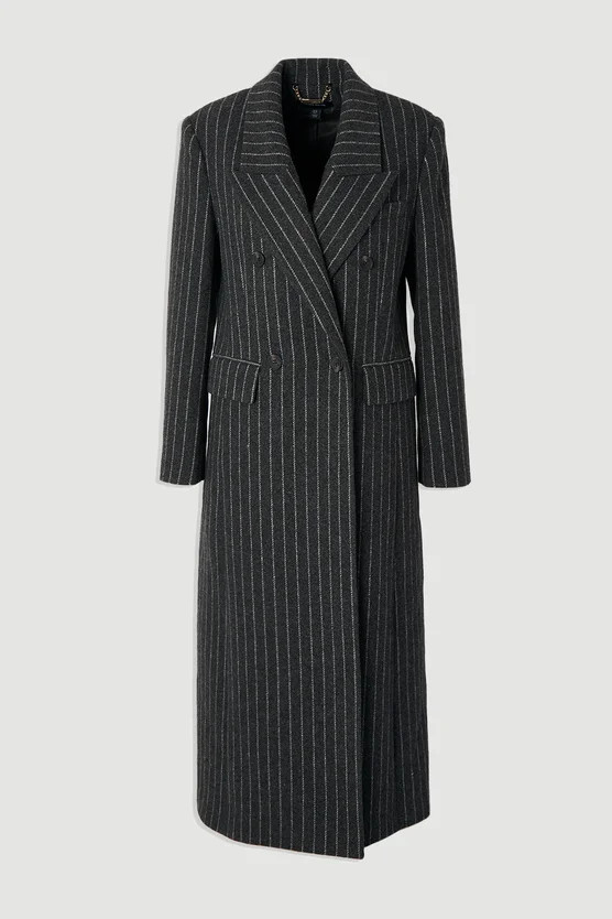 Tall Wool Pinstripe Oversized Double Breasted Tailored Maxi Coat | Karen Millen UK + IE + DE + NL