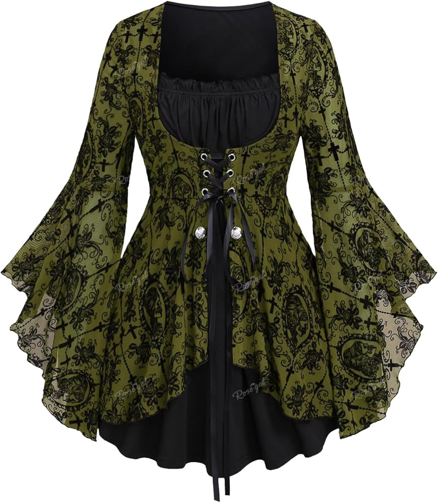ROSE GAL Women Plus Size Flare Sleeves Ruffles Flower Lace Up 2 in 1 Top | Amazon (US)