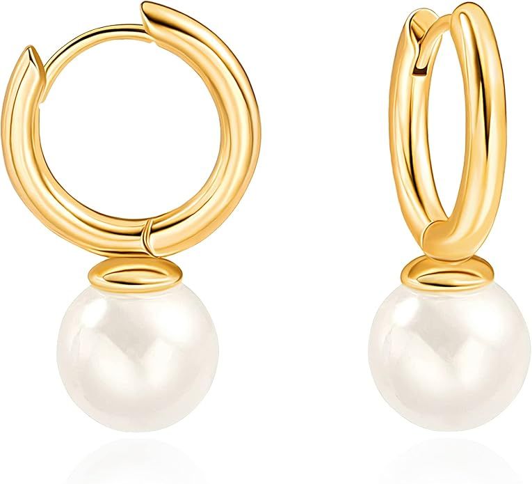 18K Gold Plated Leverback Hoop Handpicked White Shell Pearl Drop Dangle Earring for Women Minimal... | Amazon (US)