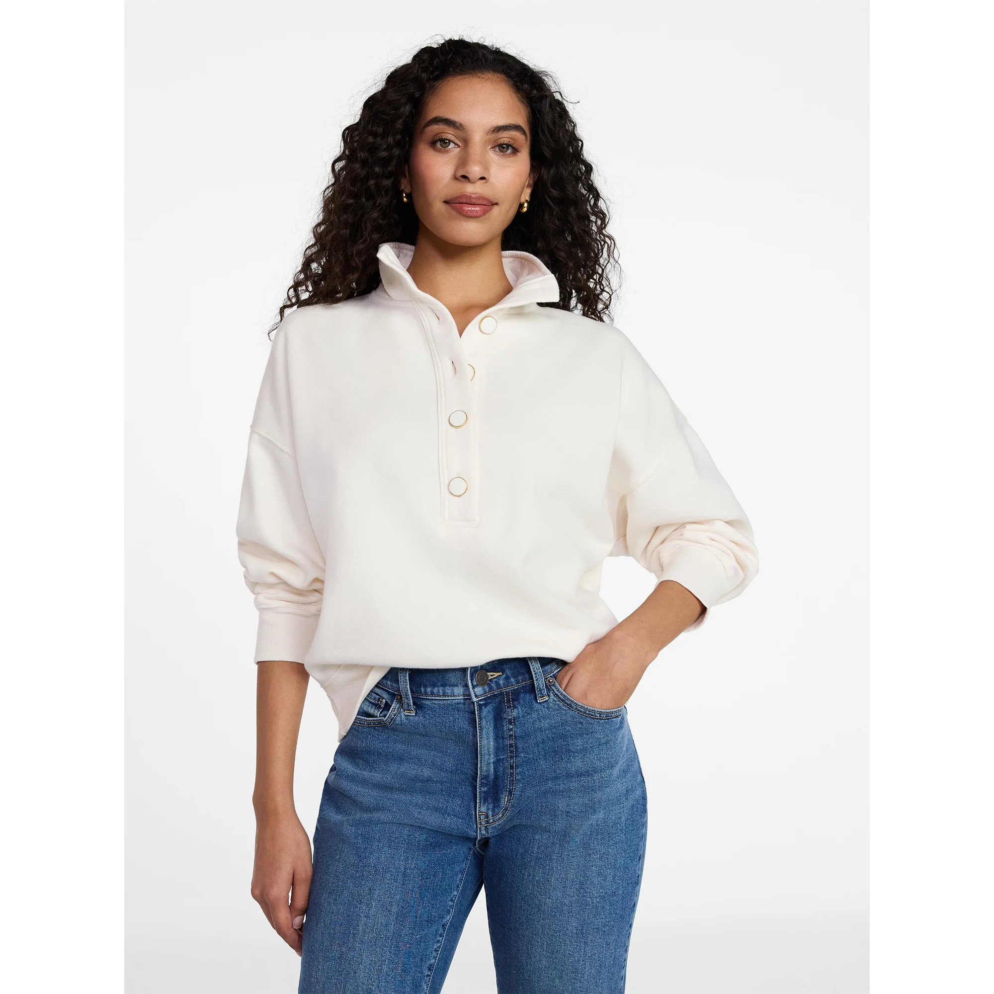 Time and Tru Women's Quarter Button Fleece Top with Long Sleeves, Size XS-XXXL | Walmart (US)