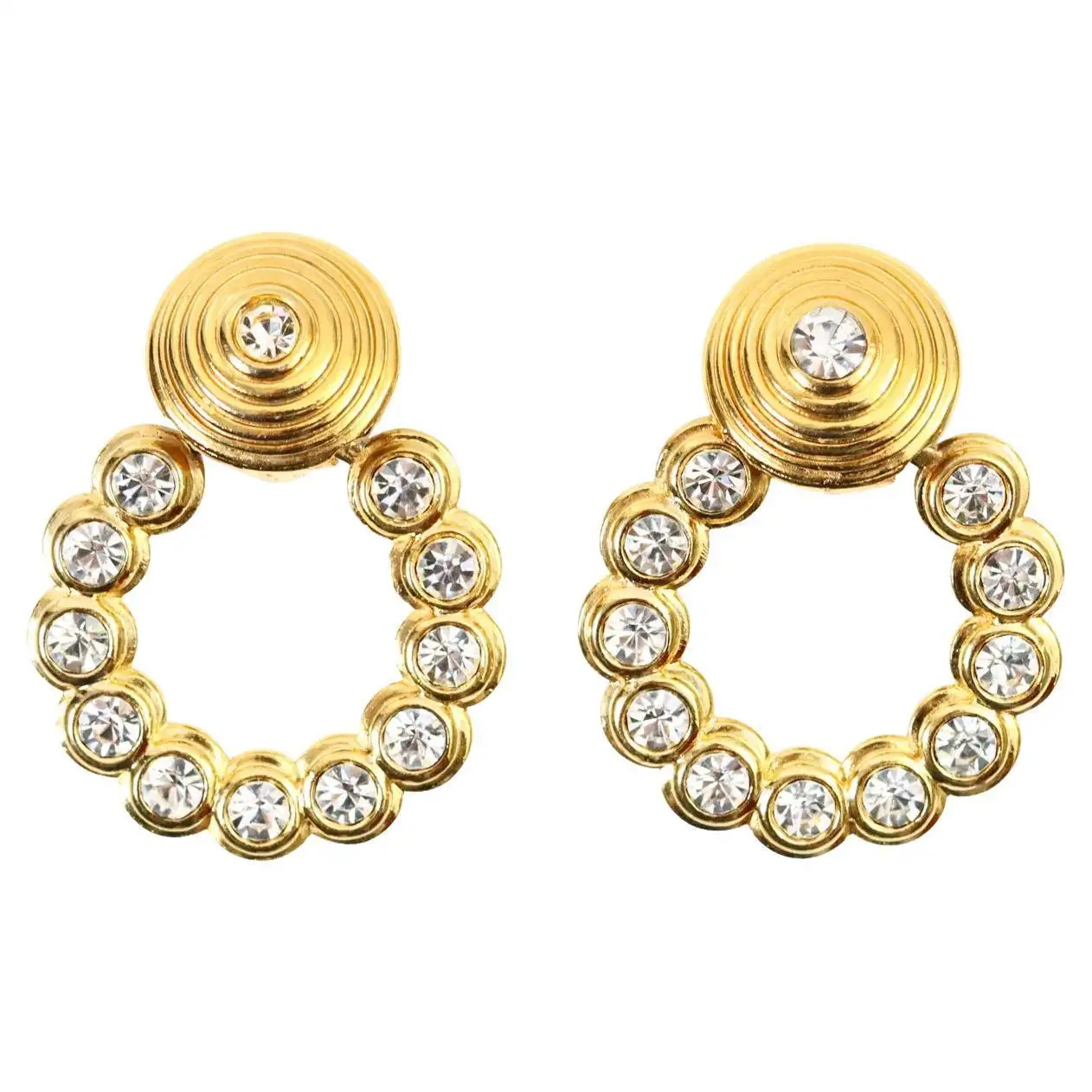 Vintage Gold and Crystal Dangling Hoop Earrings | 1stDibs