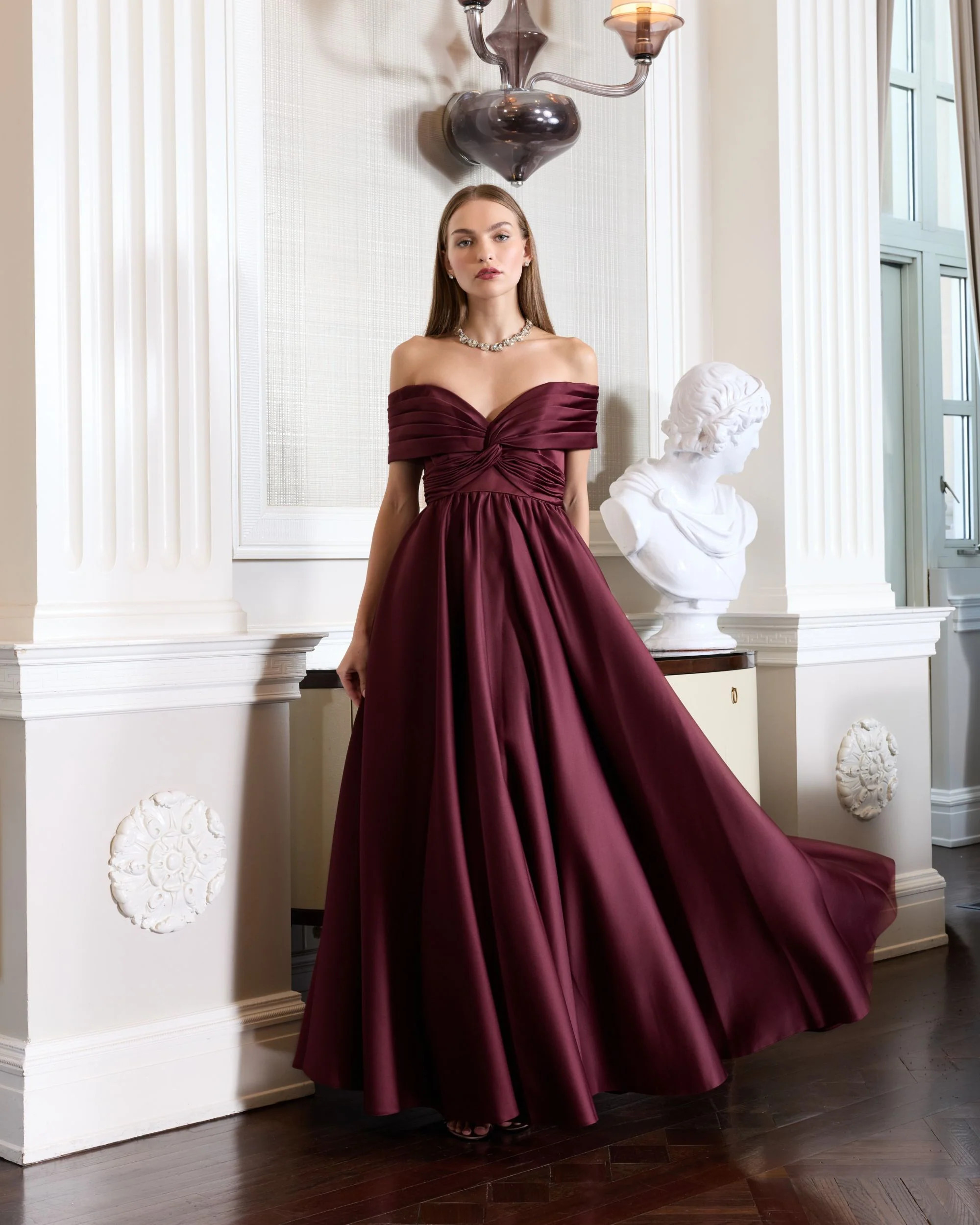 Burgundy Satin Off The Shoulder Twist Evening Ball Gown | Mac Duggal | Mac Duggal