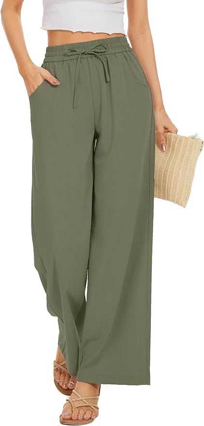 Women Summer Pants Flowy Pants Drawstring Waist Wide Leg Palazzo Beach Pants Loose Fit with Pocke... | Amazon (US)