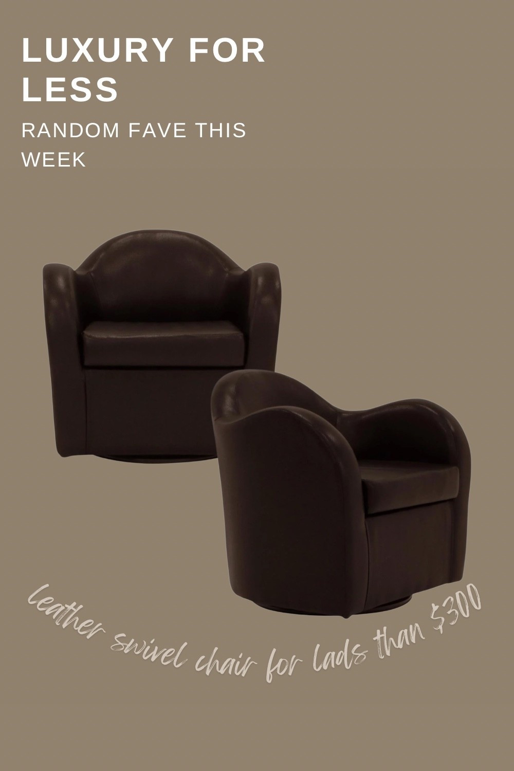 If you love the look of designer furniture but not the designer price, this leather swivel accent chair under $300 is one of my favorite finds this week.

This chair gives major high-end designer vibes with its curved barrel shape, rich brown leather look, and swivel base — perfect for styling in a living room, reading corner, bedroom, or office.

Why I love it:
• Classic barrel chair silhouette
• Smooth 360° swivel function
• Rich brown leather look
• Designer aesthetic for a fraction of the price

Perfect for creating a cozy living room seating moment without spending thousands.

Shop this week’s Luxury for Less find here 🤎

#LTKHome #AffordableHomeDecor #AccentChair #LuxuryForLess #LivingRoomFinds