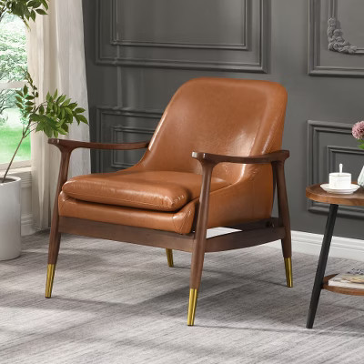 Ridstar Modern Faux Leather Accent Armchair with Padded Seat, Solid Wood Frame & Brass-Trimmed Legs-Brown | Target