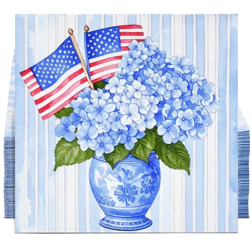100 Count Patriotic Floral Cocktail Napkins Blue Hydrangea Vase with American Flags Disposable Drink Napkins for 4th of July Summer Parties | Amazon (US)