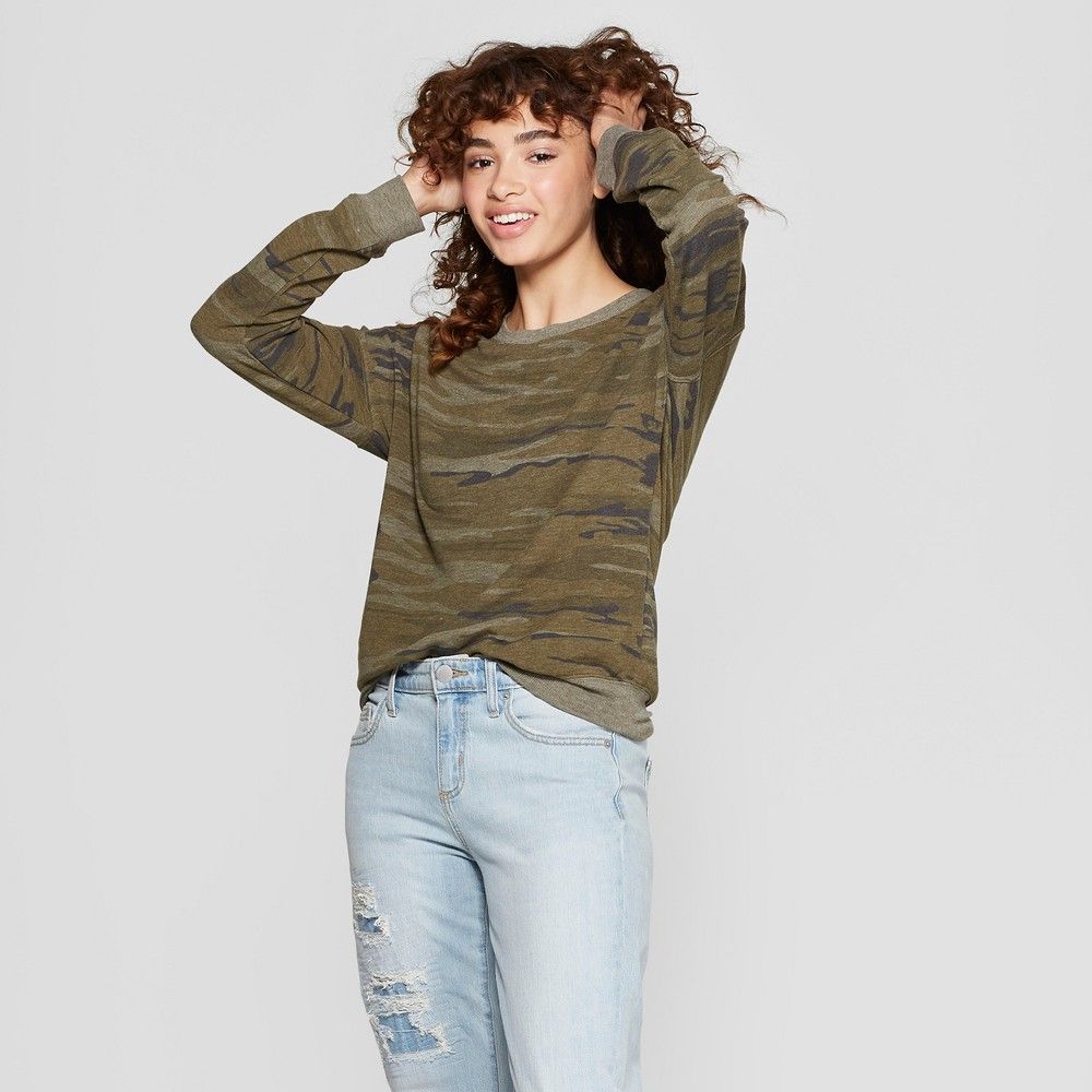 Women's Camo Print Pullover Sweatshirt - Zoe+Liv (Juniors') Green XS | Target