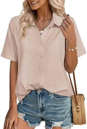 Zeagoo Women Button Down Shirt Cotton Linen Blend Short Sleeve V Neck Blouse Dressy Casual Summer... | Amazon (US)