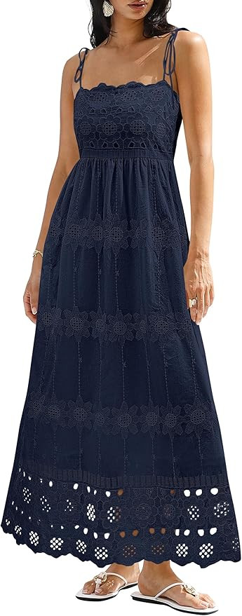 dowerme Womens Summer Maxi Dresses 2026 Casual Spaghetti Strap Smocked Eyelet Cotton Dress Long B... | Amazon (US)