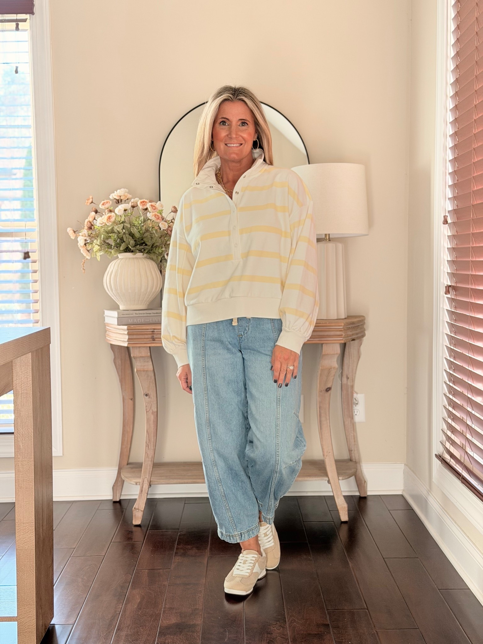 Spring vibes, but make it comfy 🌼🤍
This super-soft sweatshirt from Target with the yellow + white stripes is giving all the fresh spring feels. Paired it with the new barrel jeans from Walmart and classic tan sneakers from Target for the easiest everyday outfit ✨

Light, cozy, and perfect for those warmer-day moments ahead 💛
Definitely on repeat this season.

#SpringStyle #TargetFinds #WalmartFashion #BarrelJeans #CasualChic #EverydayOutfit #SpringColors #InfluencerFinds

#LTKootd