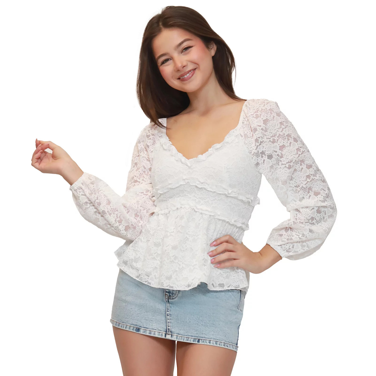 Juniors' madden girl Long Sleeve Ruffle Babydoll Peasant Top, Girl's, Size: Small, Natural | Kohl's