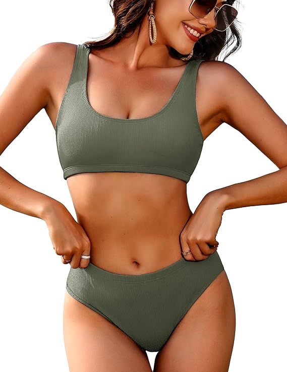 AI'MAGE Women Ribbed Bikini Sets Sporty Swimsuits Scoop Neck Two Piece Bathing Suits High Cut Bik... | Amazon (US)