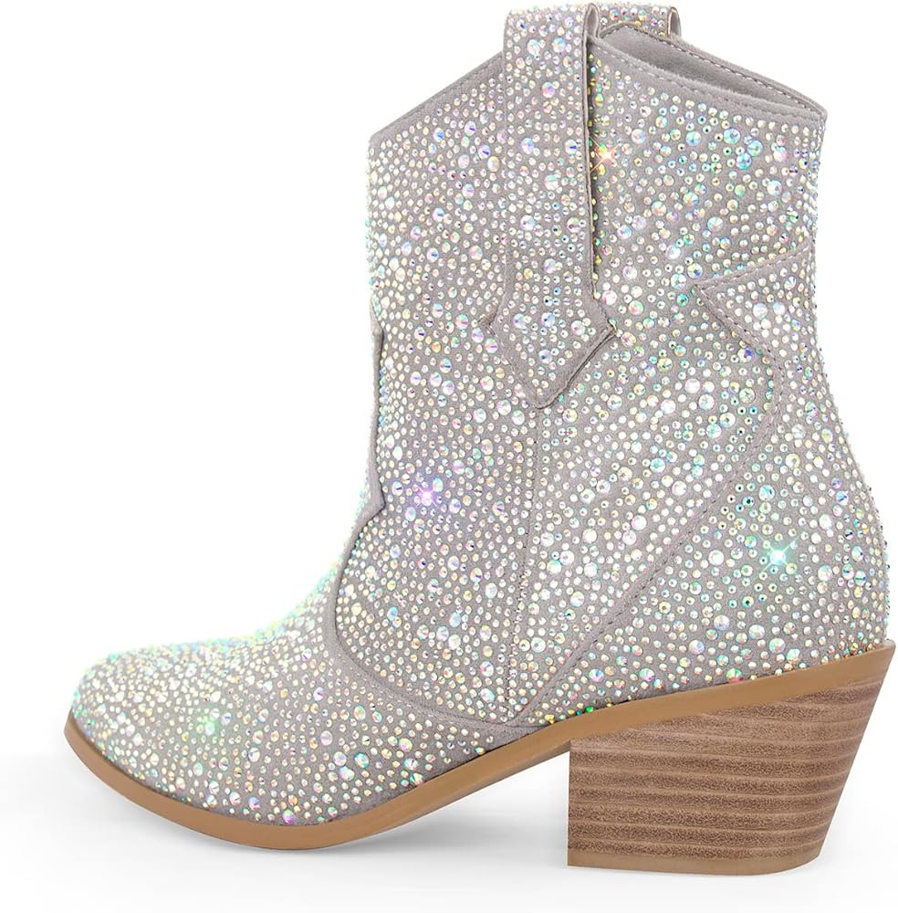 VERISSON Point Toe Western Boots Silver Glitter Rhinestone Block Heeled Cowboy Booty | Amazon (US)