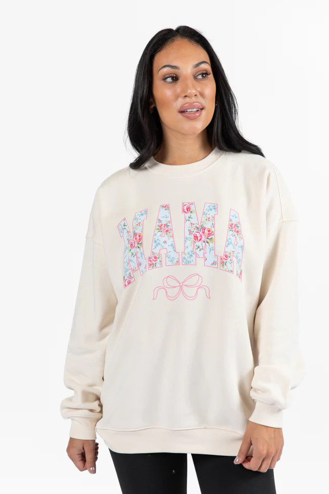 Mama Floral Bow Cream Oversized Graphic Sweatshirt | Pink Lily