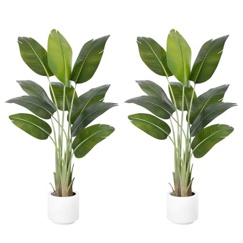 Artificial Bird of Paradise Plant 5Ft Tall Fake Tropical Palm Tree Large Fake Plants with 10 Silk Banana Leaves Faux Plant Indoor Decor Trees with White Pot for Home Bedroom Living Room Office（2pcs） | Amazon (US)