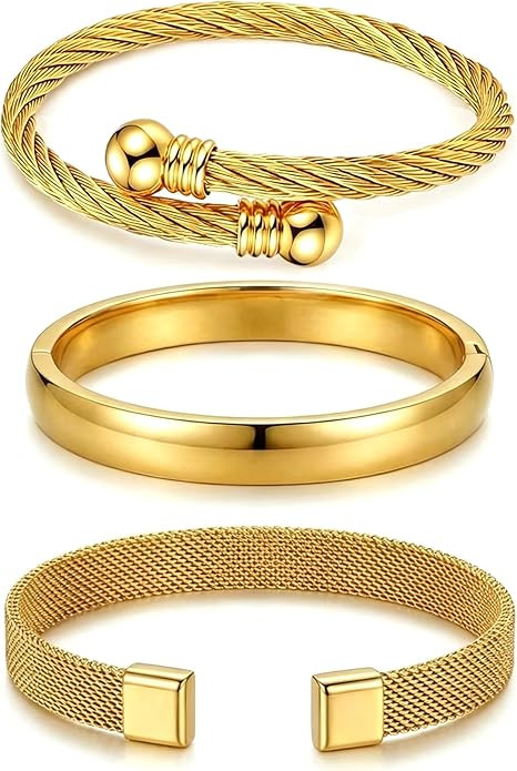 Stackable Cuff Bracelets for Women, Stainless Steel Bangle Set | Set of 3, waterproof, non tarnis... | Amazon (US)