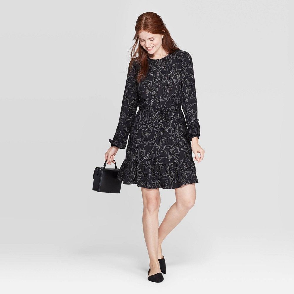 Women's Floral Print Long Sleeve Scoop Neck Mini Crepe Dress - A New Day Black M, Size: Medium | Target