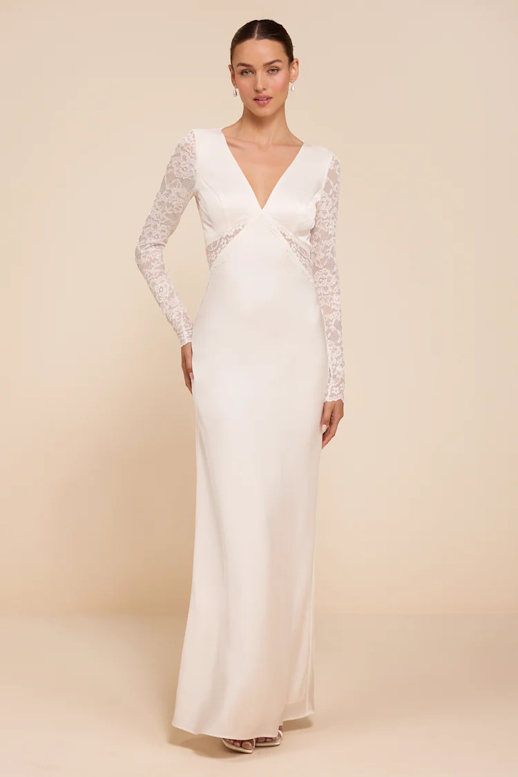 Lyric White Satin Lace Column Wedding Dress | Lulus