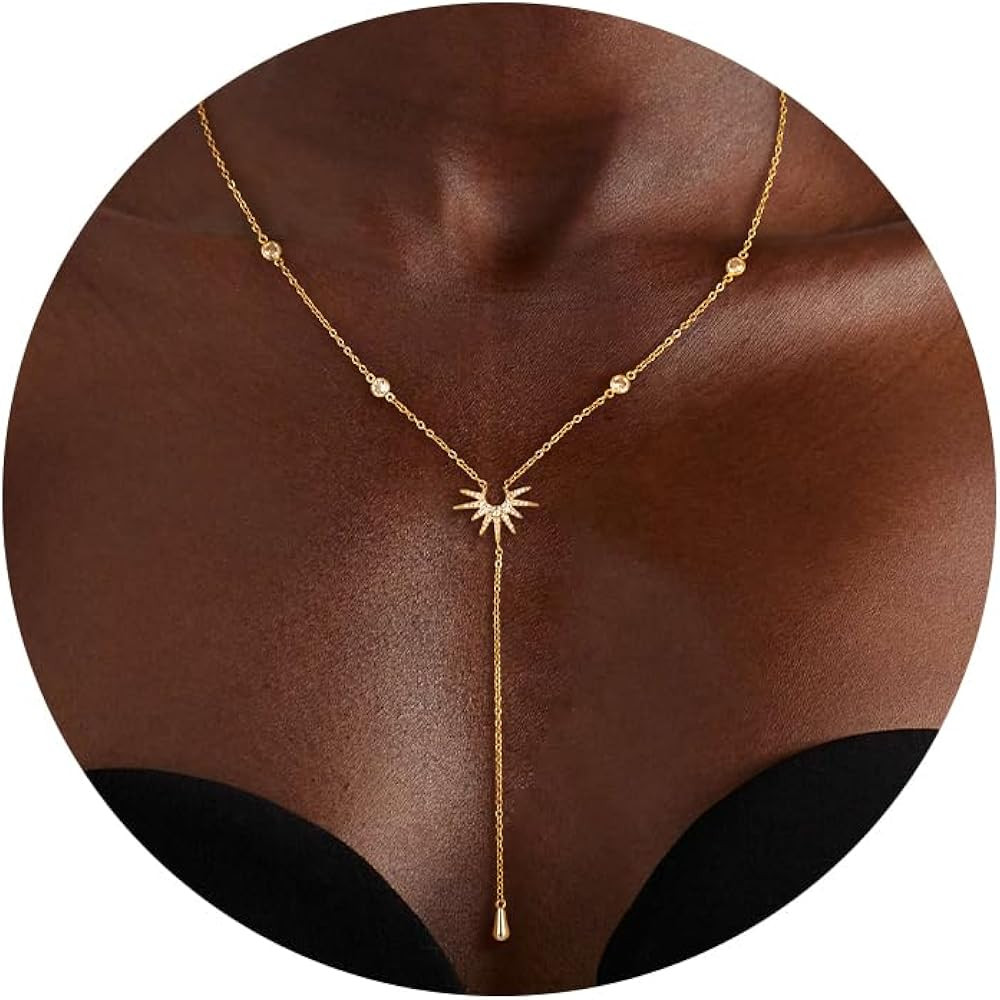 CHESKY Lariat Necklace for Women, 14k Gold Plated Long Cross Pendant Necklace Dainty Y-Shaped Dro... | Amazon (US)