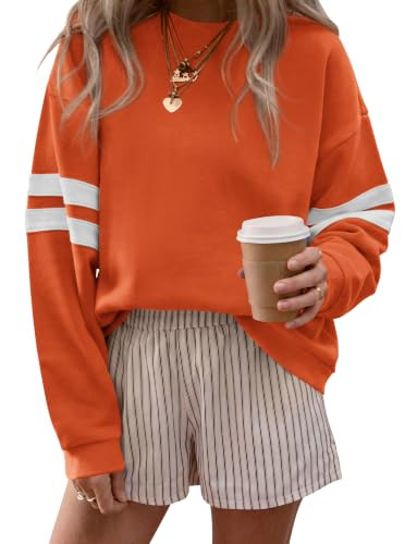 BTFBM Womens Varsity Striped Tops Crewneck Sweatshirt,Orange,Large | Amazon (US)