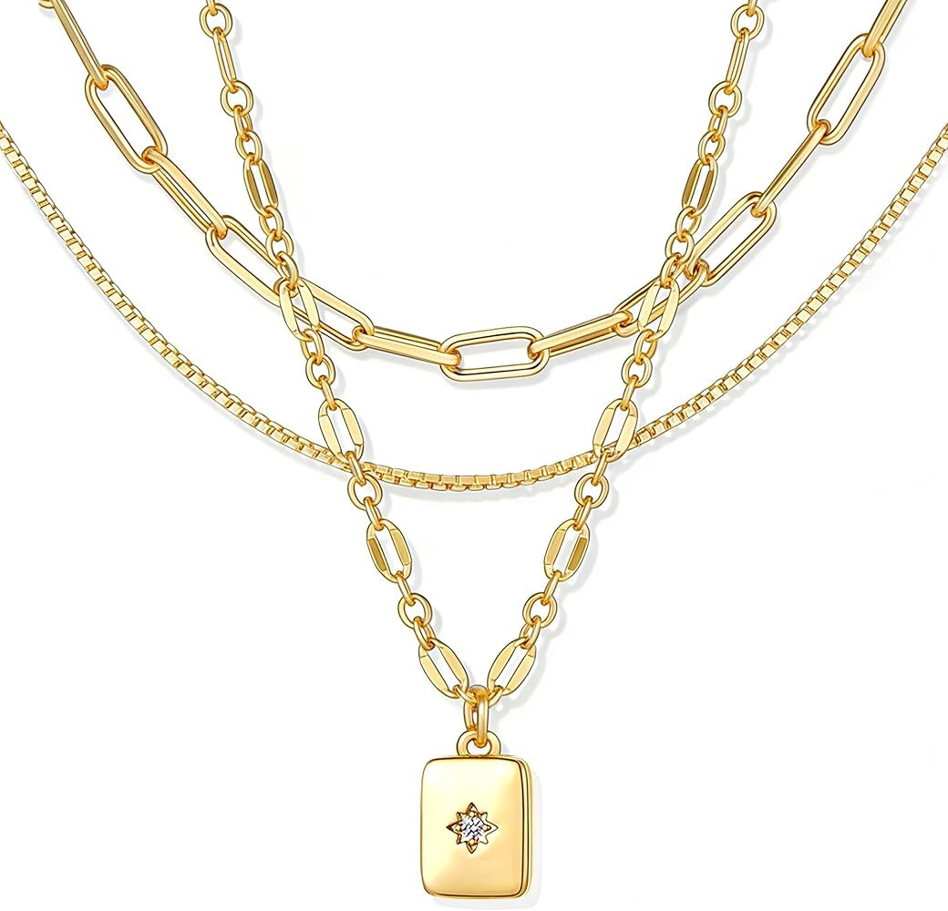 YEEZII Layered Gold Necklaces for Women Trendy, 3 Pcs 14K Gold Plated Choker Paperclip Box Chain ... | Amazon (US)