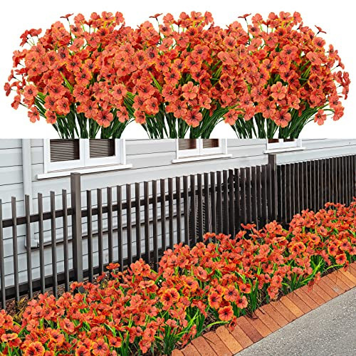 LikSoor 21 Bundles Artificial Outdoor UV Resistant Flowers No Fade Fake Outside Flowers Plastic Greenery Faux Shrubs Garden Porch Window Box Home Decoration (Orange) | Amazon (US)