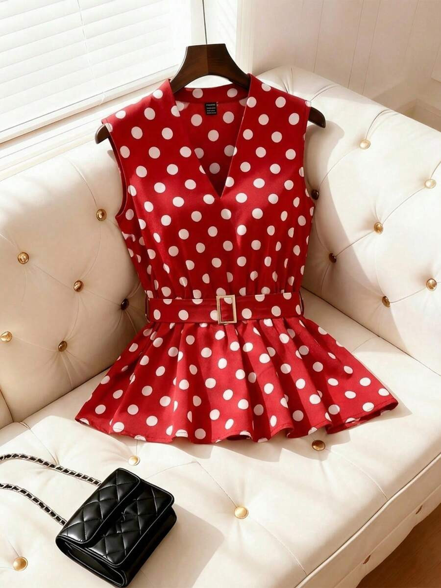 Franclia Women's Fashion Sleeveless V-Neck Polka Dot Print Waist Tie Decor A-Line Shirt, Date Out... | SHEIN