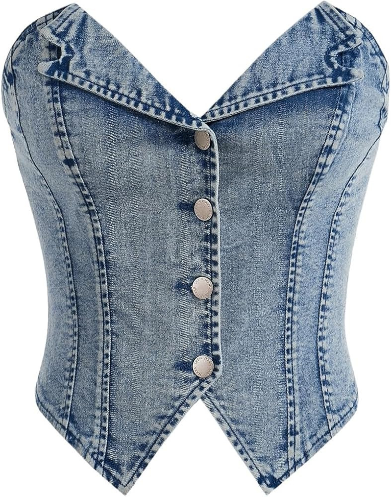 WDIRARA Women's Button Down Denim Tube Tops Y2k Asymmetrical Crop Top Sleeveless Strapless Bandea... | Amazon (US)
