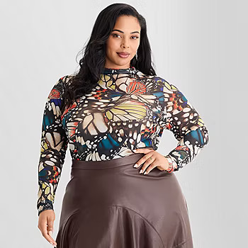 new!Ashley Graham Mesh Print Womens Plus Mock Neck Long Sleeve T-Shirt | JCPenney