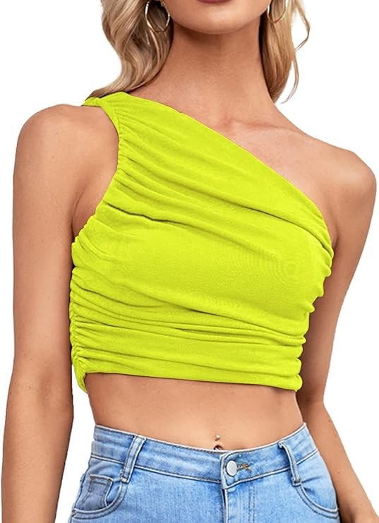 LYANER Women's Sexy Ruched One Shoulder Sleeveless Crop Top Strappy Cami Tank | Amazon (US)