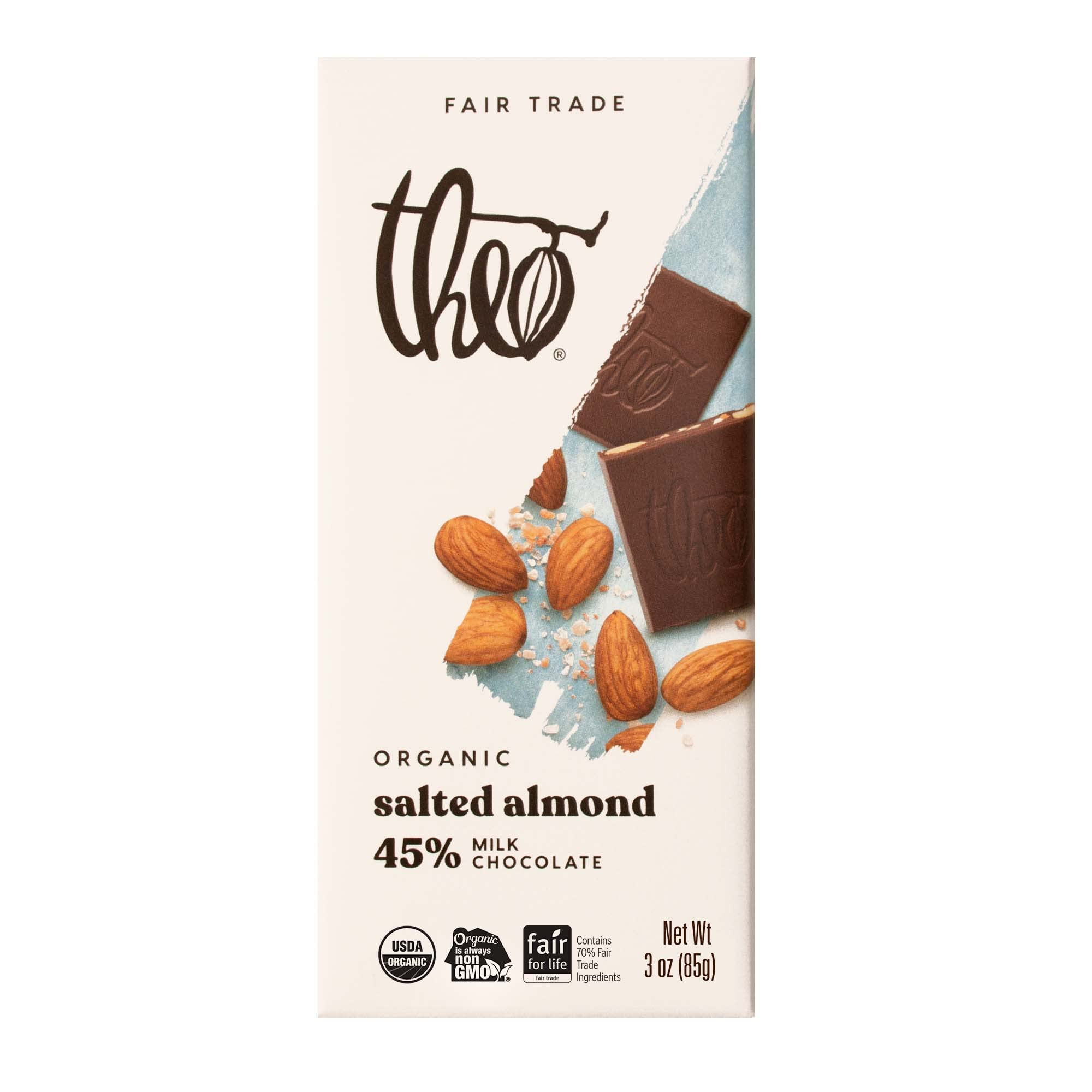 Theo Chocolate Salted Almond Organic Milk Chocolate Bar, 45% Cacao, 12 Pack | Fair Trade | Amazon (US)