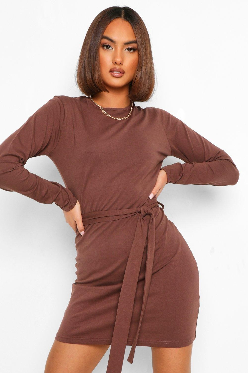Womens Long Sleeve Belted Mini Dress - Brown - 14 | Boohoo.com (US & CA)