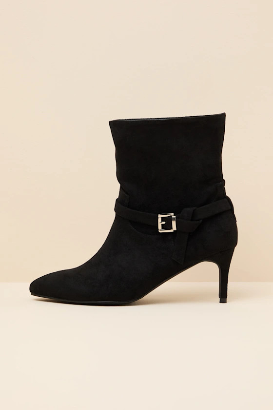 Jonelle Black Suede Buckle High Heel Booties | Lulus