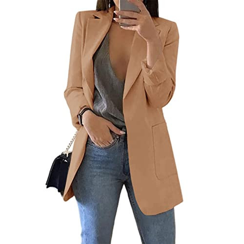 Cnkwei Womens Casual Blazers Open Front Long Sleeve Lapel Collar Work Office Jacket Camel | Amazon (US)