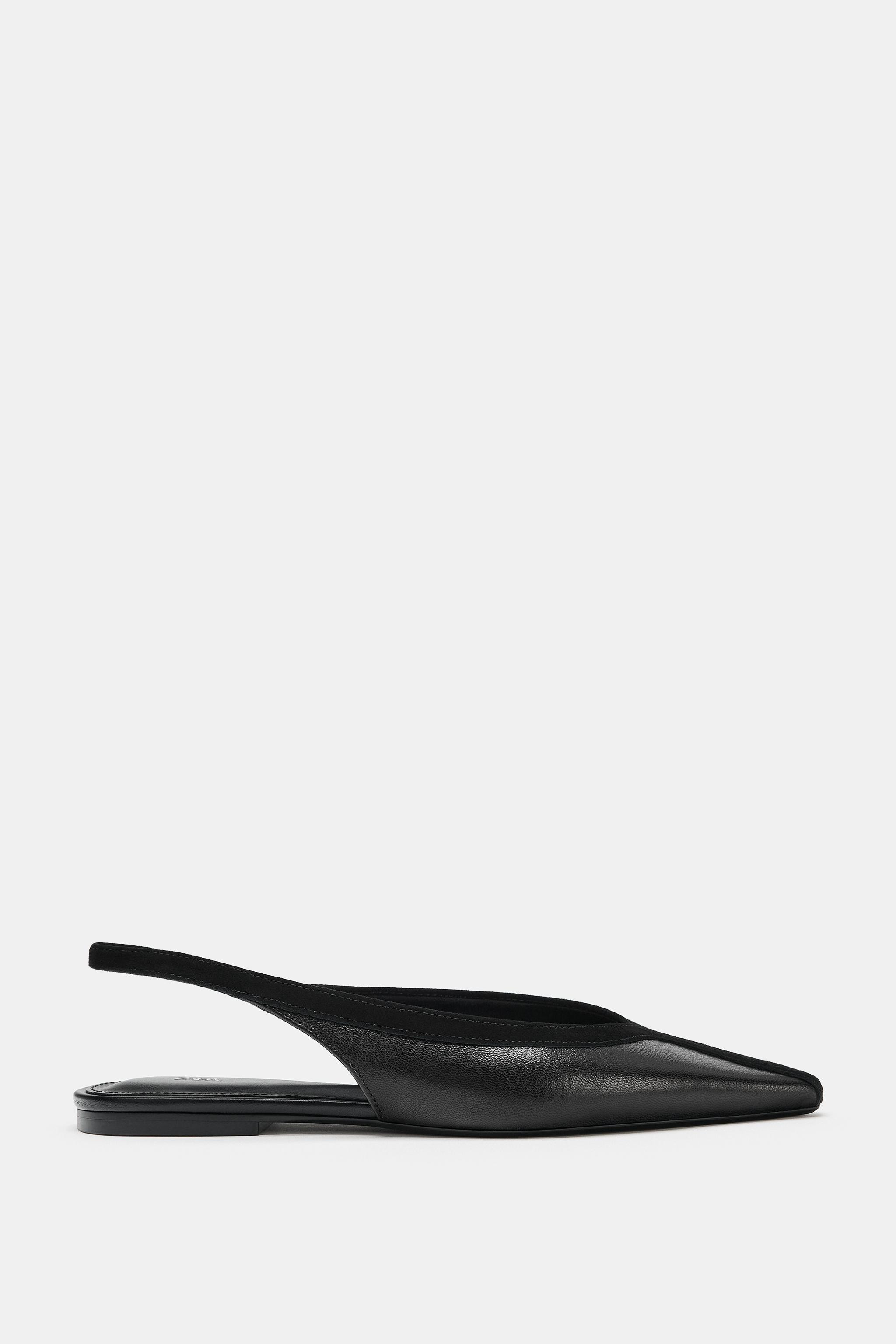 Flat leather slingback shoes. Thin back strap with contrasting elastic. Flat sole. Pointed toe.So... | Zara US