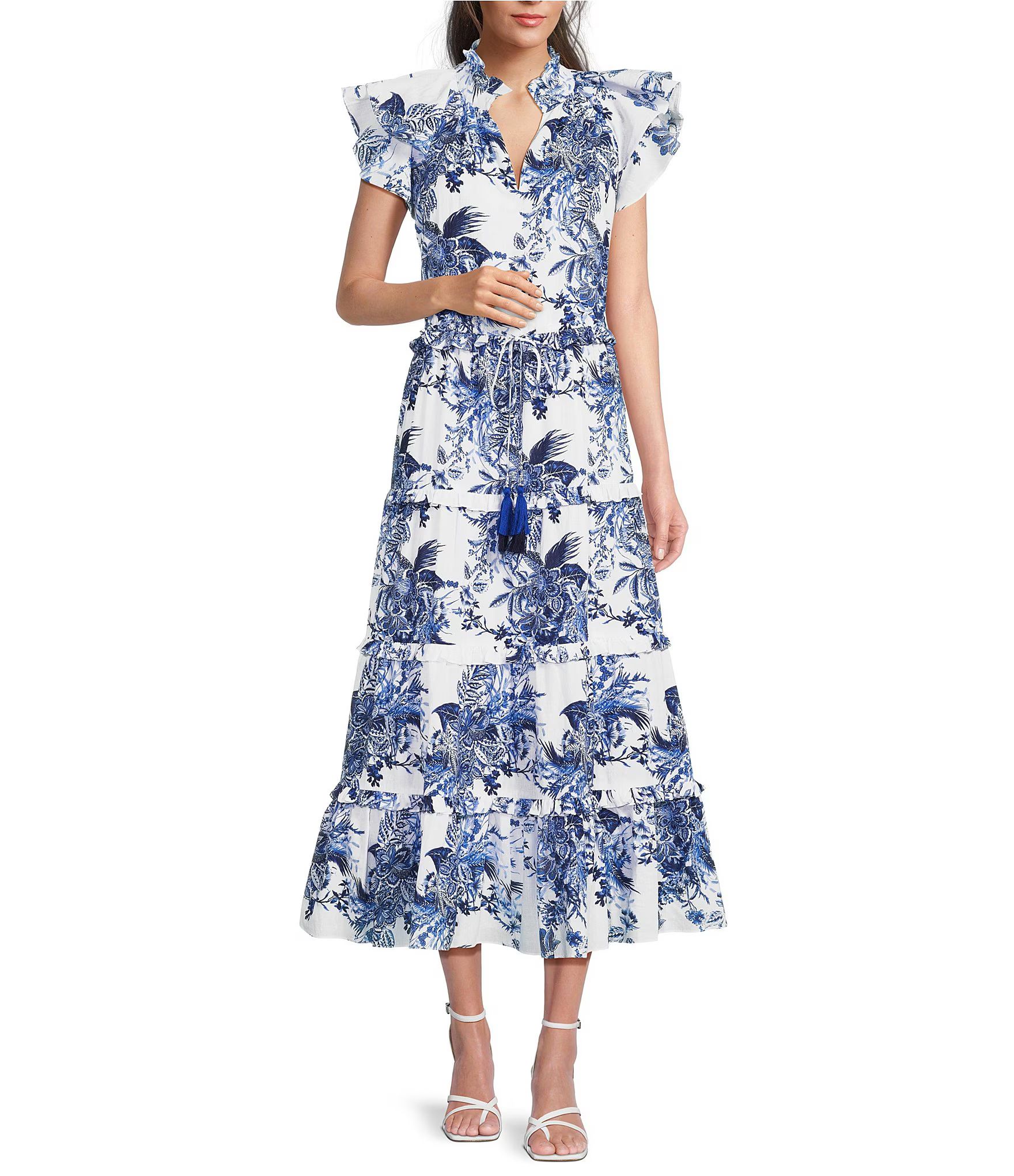 Toile Floral Print Ruffle V-Neck Cap Sleeve Tassel Tie Waist Tiered Maxi Dress | Dillard's