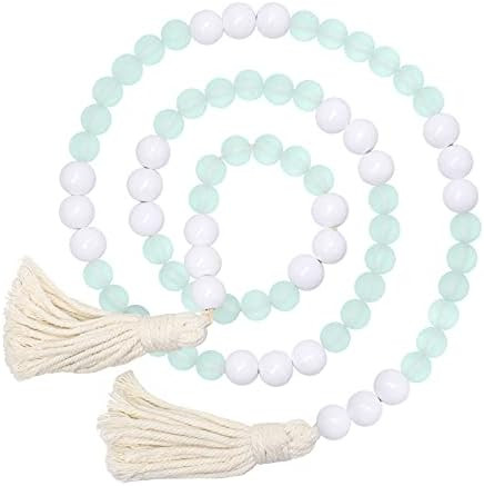 AceList Wood Beads Garland with Tassels, White Wooden Beads with Round Frosted Aqua Acrylic Beads... | Amazon (US)
