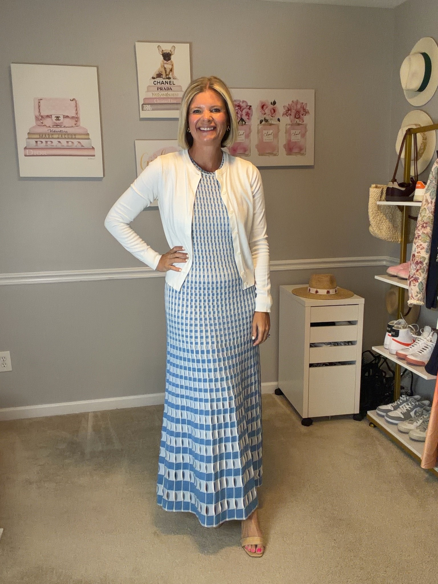 Blue and white knit maxi dress via rent the Runway: Zelma Maxi Dress
Raffia block heel TTs

#LTKWorkwear #LTKWedding #LTKOver40