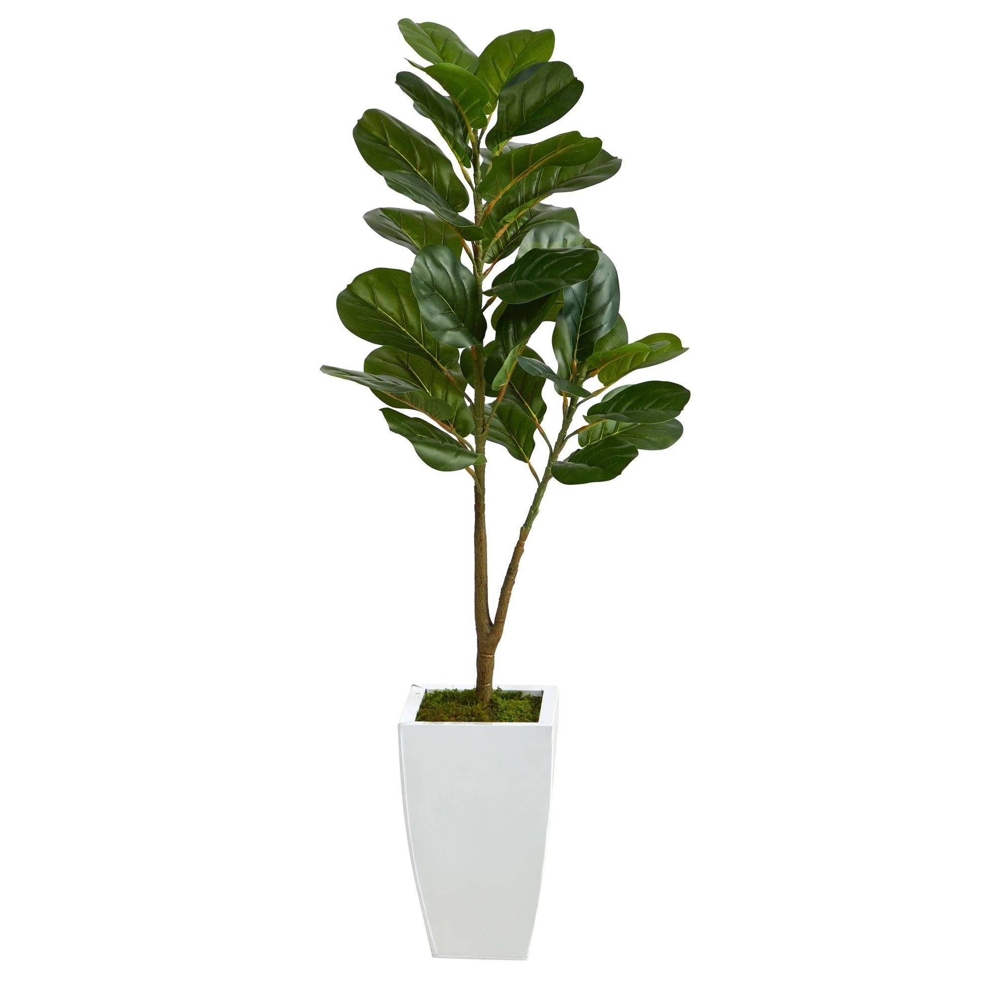 4’ Fiddle Leaf Fig Artificial Tree in White Metal Planter | Nearly Natural