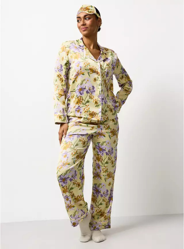 Buy Yellow Large Floral Print Traditional Satin Pyjamas M | Pyjamas | Tu | Tu Clothing