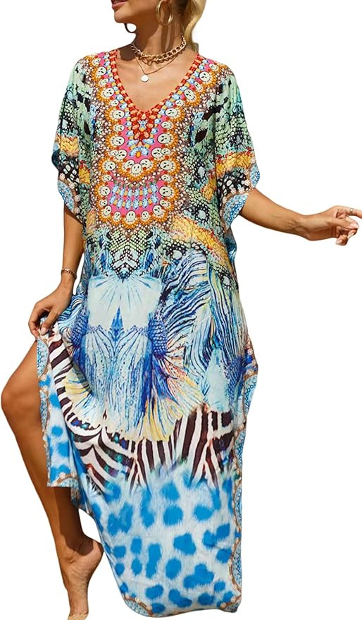 Women's V-Neck Batwing Sleeve Kaftan Dress Lightweight Beach Swimwear Cover Up for Mumu Tropical ... | Amazon (US)