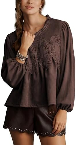 Lentta Women's Lace-Detail Suede Flared Blouse Long Sleeve Crew Neck Swing Babydoll Tops Elegant ... | Amazon (US)