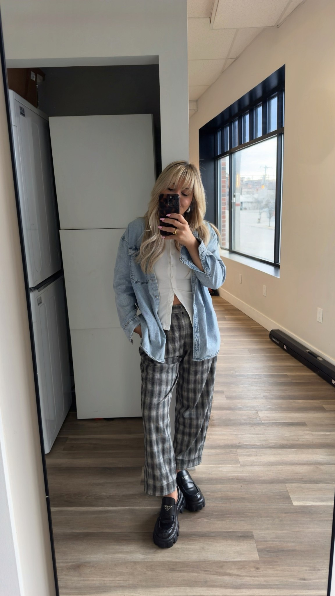 White button up tshirt size medium 
Denim button up shacket size small 
Urban outfitters Plaid pants size medium 
Platform Gucci loafers size 7 

#LTKmomlife #LTKootd #LTKdayinmylife