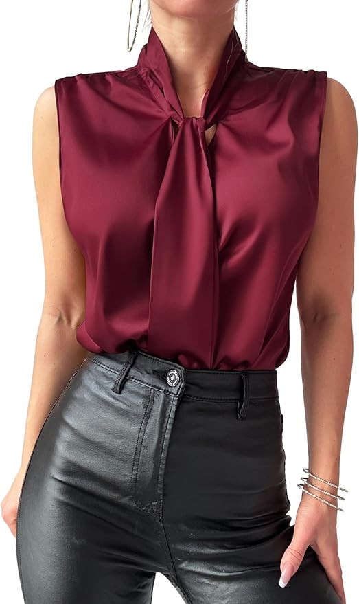 ZAFUL Women's Silk Satin Tank Top Mock Neck Bow Tie Knot Sleeveless Blouse Summer Basic Casual Sh... | Amazon (US)