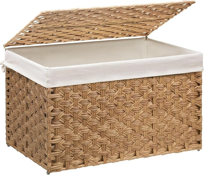Wicker Storage Basket with Lid, 42.3 Gallon (160L) Large Blanket Basket with Lid, Woven Storage B... | Amazon (US)