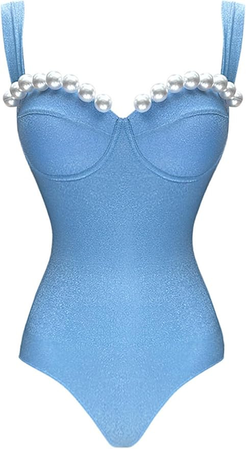 FLAXMAKER Black Double Shoulder Straps Chest Pearl One Piece Swimsuit and Skirt | Amazon (US)