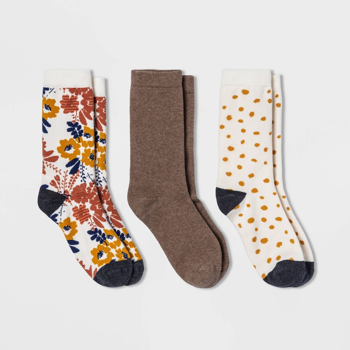 Women's Floral Print 3pk Crew Socks - A New Day™ Ivory/Heather Brown 4-10 | Target